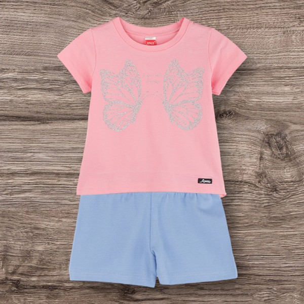 Σετ σορτσάκι - μπλούζα κοντομάνικη με σχέδιο πεταλούδες και γκλίτερ, ροζ - γαλάζιο